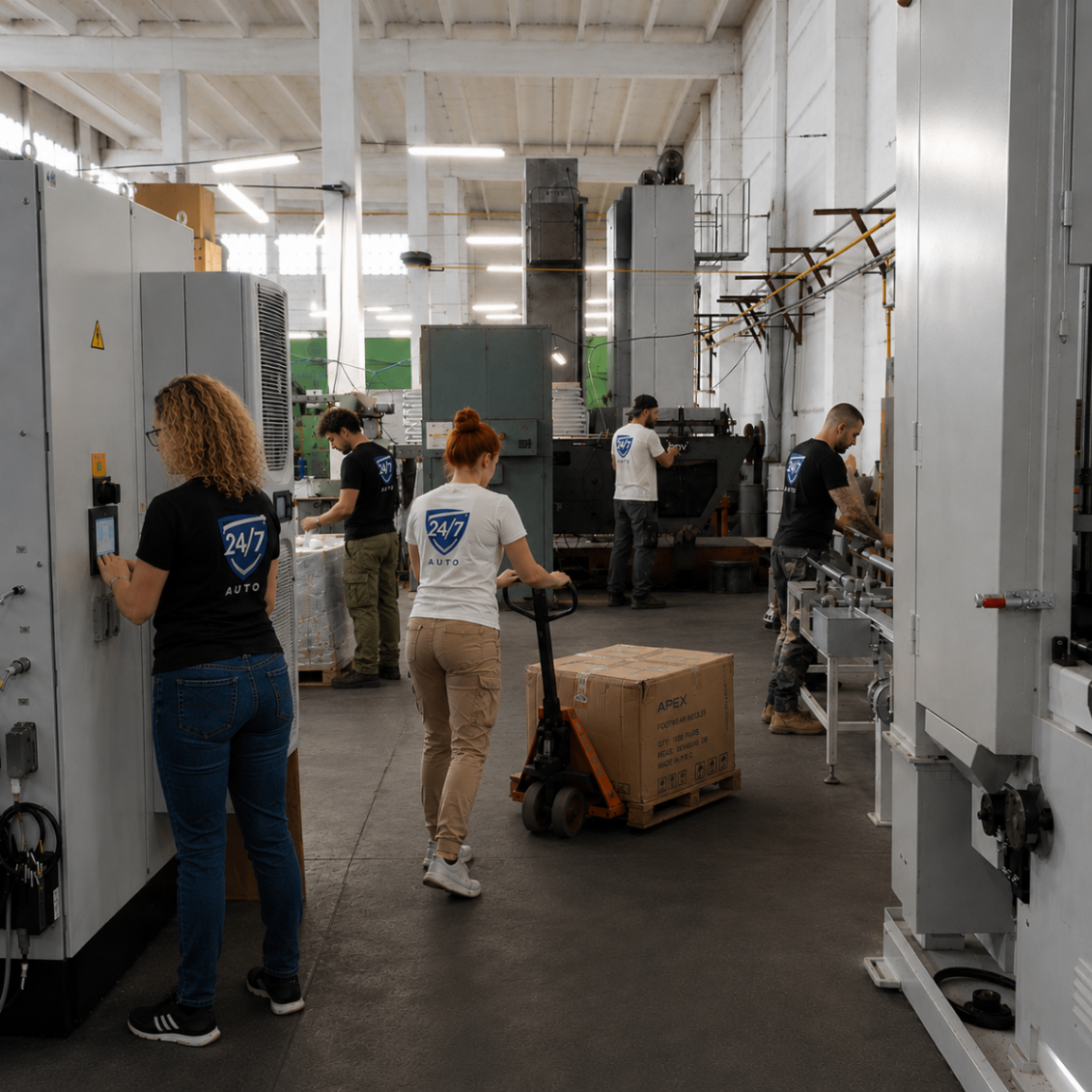 24/7 AUTO team working around production and machinery equipment