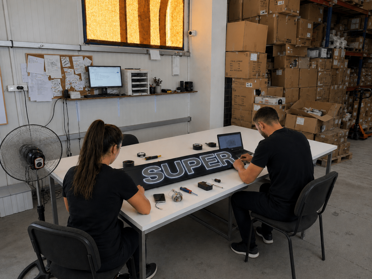 Team assembling an illuminated SUPER sign